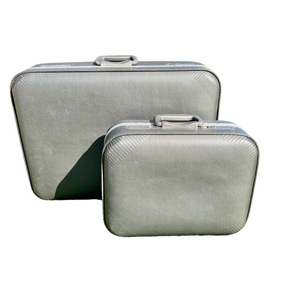 Vintage Hard Shell Nesting Suitcases Gray with Blue Set of 2 - Picture 2 of 12